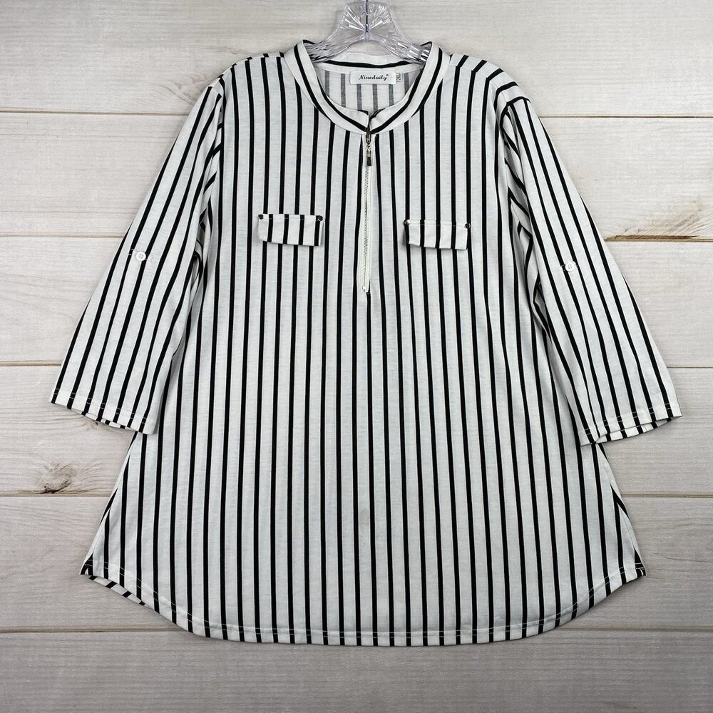 Ninedaily Womens Top Sz 2XL Black White Stripe Roll Tab Sleeve Stretch Tunic